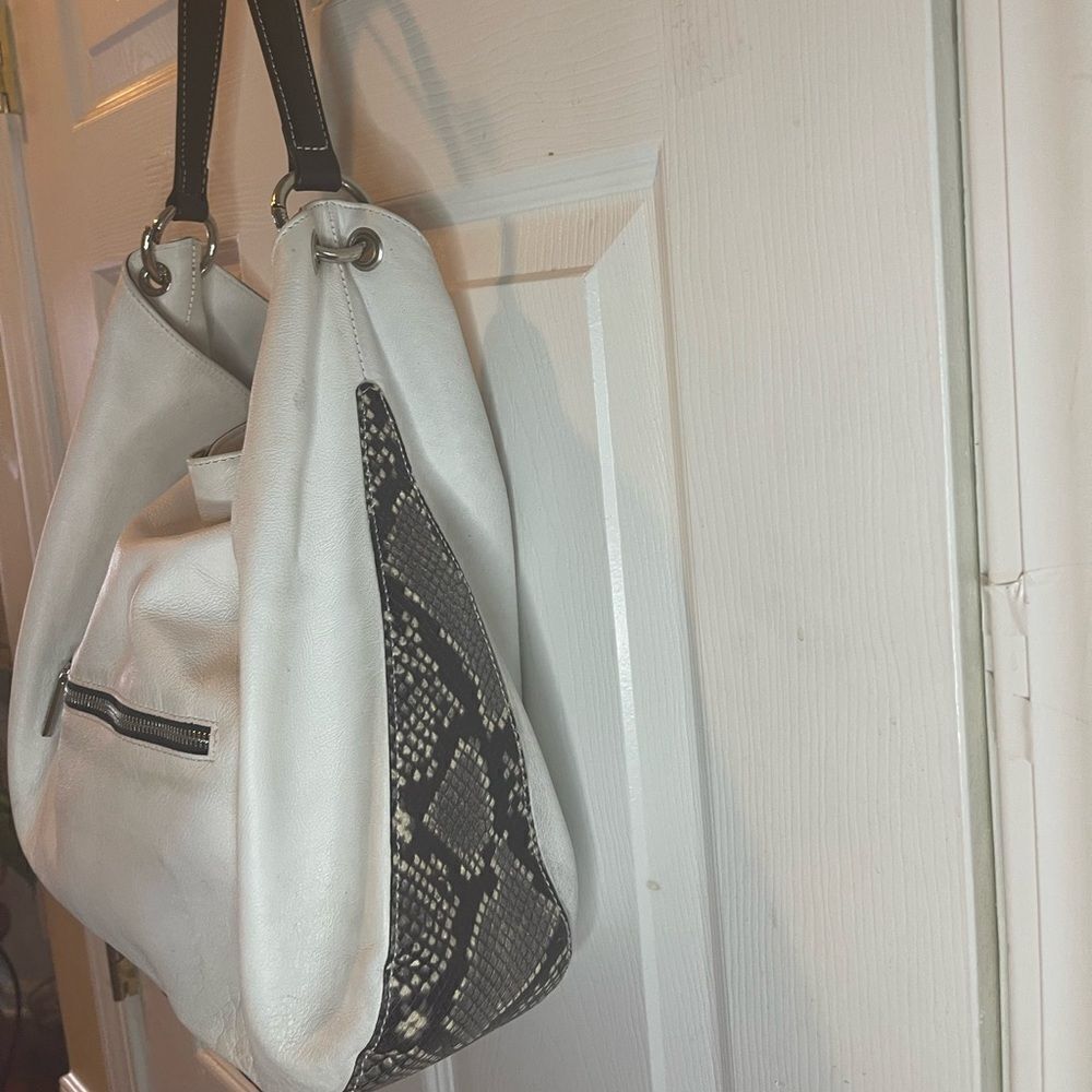 ARCADIA made in Italy White Genuine Leather Satchel Snake skin print accent.